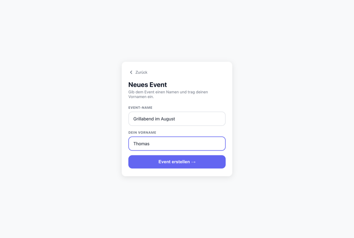 Formular zum Anlegen eines neuen Events mit Feldern für Event-Name und Vorname