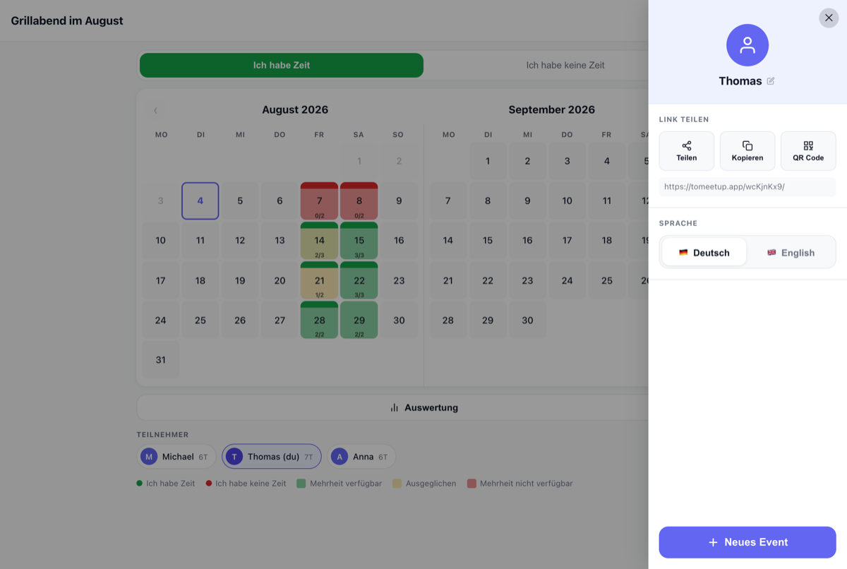 Menü von 2meet mit den Optionen Teilen, Kopieren und QR-Code sowie der Event-Adresse
