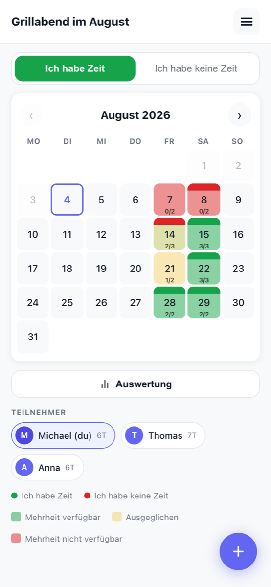 2meet Kalender auf dem Smartphone mit Heatmap und Teilnehmerliste